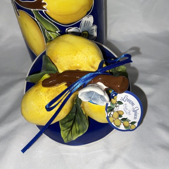 NWT BLUE SKY CLAYWORKS LEMON JUICE BLUE YELLOW WHITE SMALL CANISTER COOKIE JAR - Picture 7 of 8